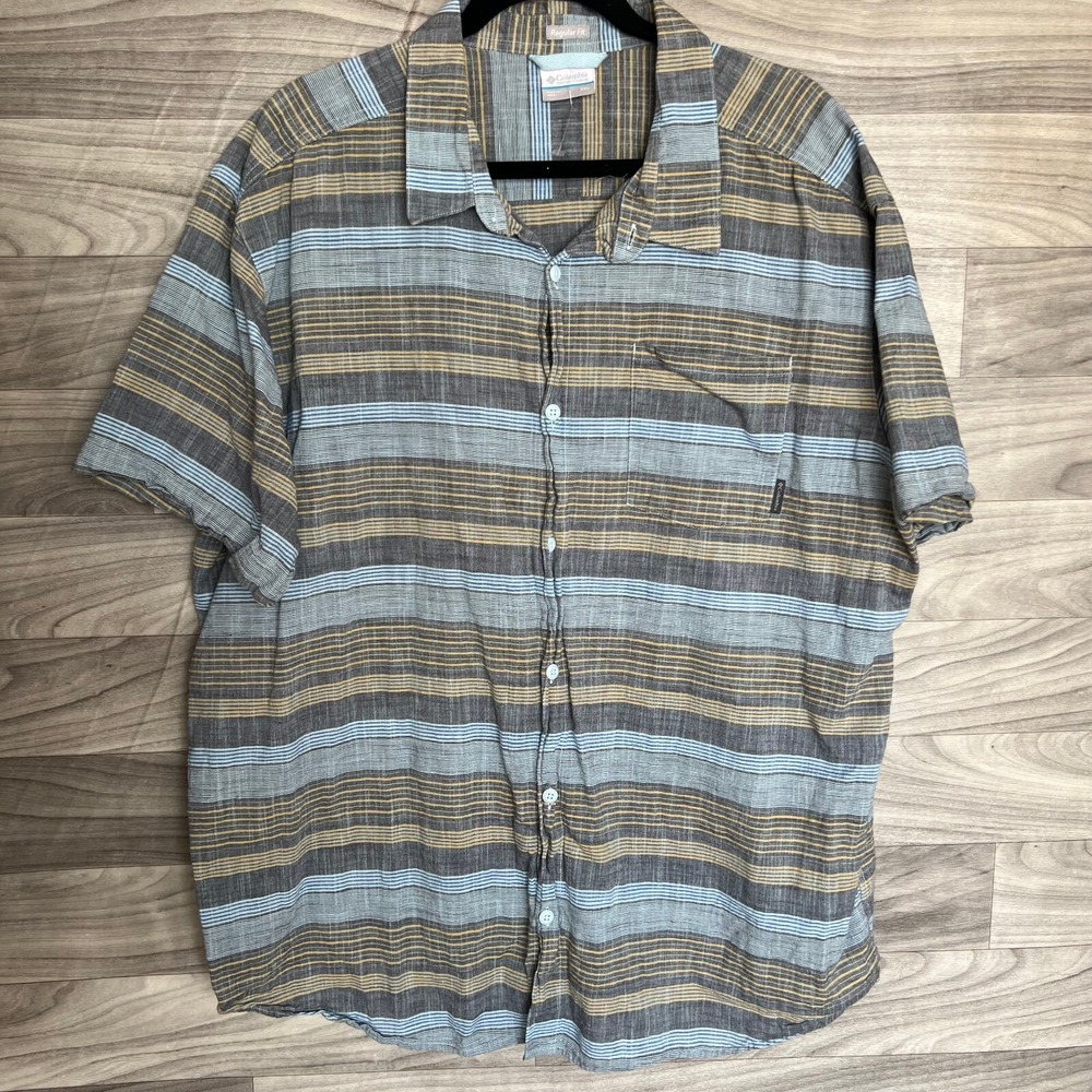 Columbia Button Up Shirt Mens 2XL Blue Stripe Short Sleeve Cotton Pocket Beachy